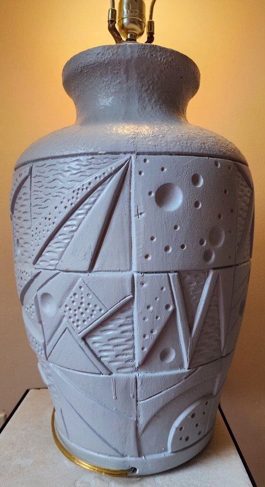 Postmodern Gray Ceramic Table Lamp Geometic Pattern 30" - See Pics