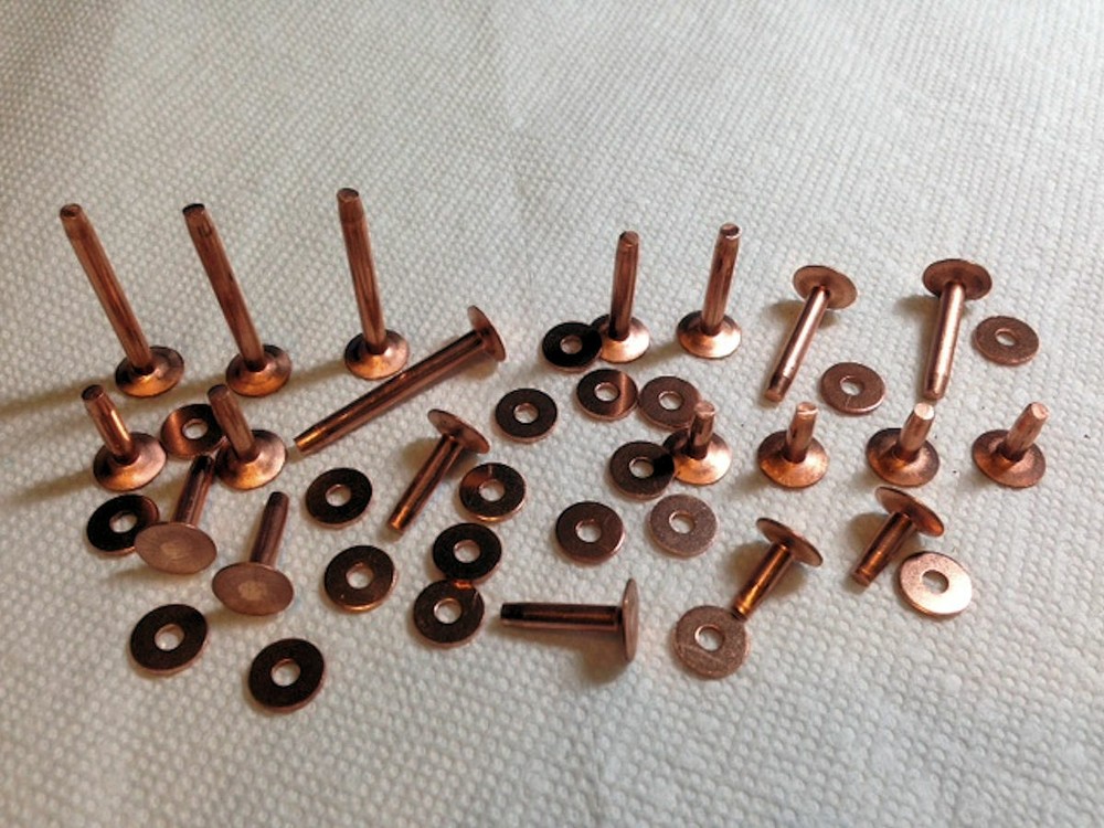 20 SETS Solid COPPER or BRASS Rivets & Burrs, Sizes #9_#12_#14 ASSORTED LENGTHS