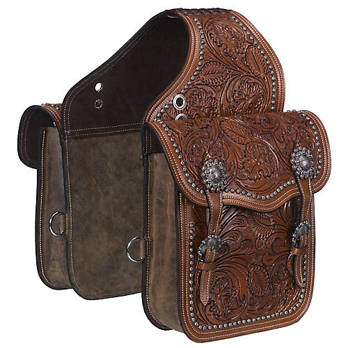 Tough1 Oak Leaf Tooled Saddle Bag Brown
