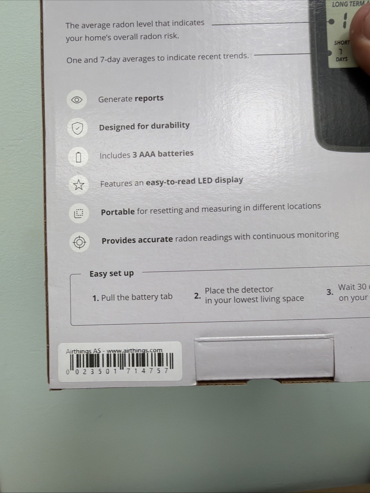 Airthings Battery Operated Digital Radon Detector 2350