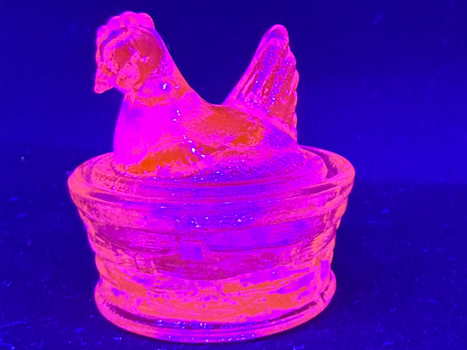 Blue Vaseline uranium glass Hen Chicken on nest basket eggs / salt cellar orange