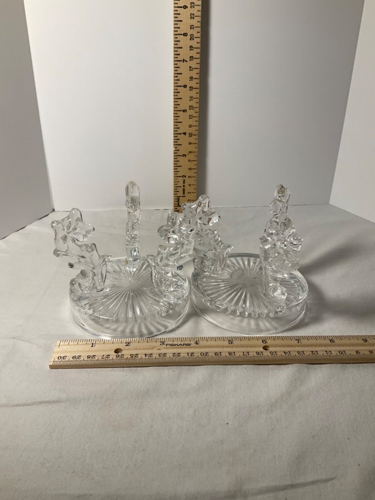 Two glass decorative stemmed candle holders 4” Unique design