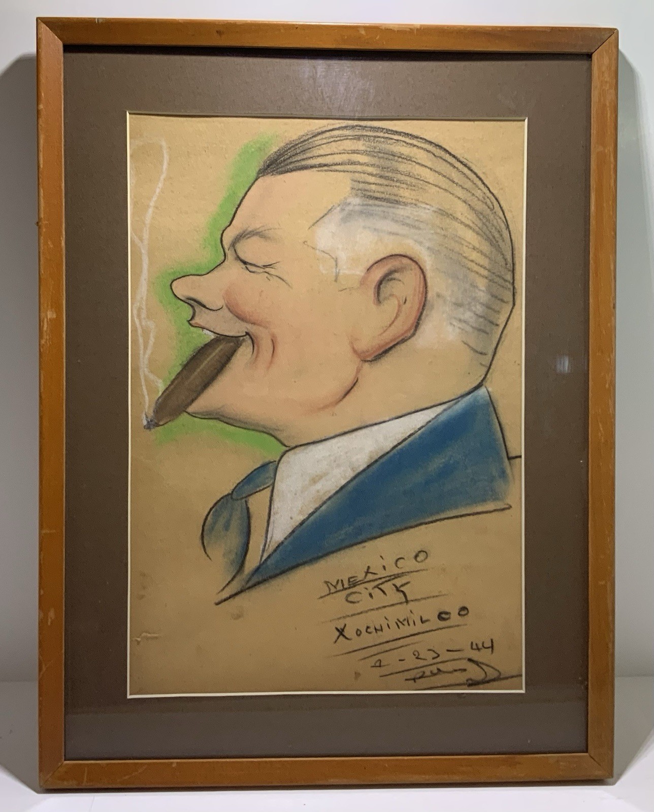 Vintage Mexico City Caricature Man With Cigar Xochimilco 1944 Rare Signed Art