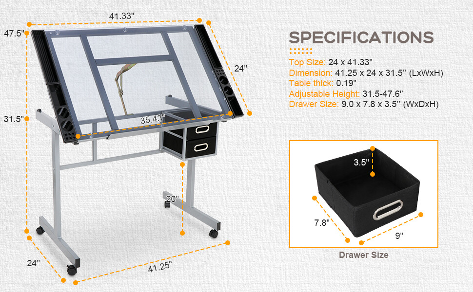 Drafting Table on Wheels Adjustable Glass Tabletop Drawing Desk w/Storage Drawer