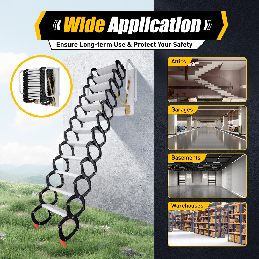 12 Steps Wall Mounted Folding Ladder Loft Stair Attic Steps Pull Down 882lb Load