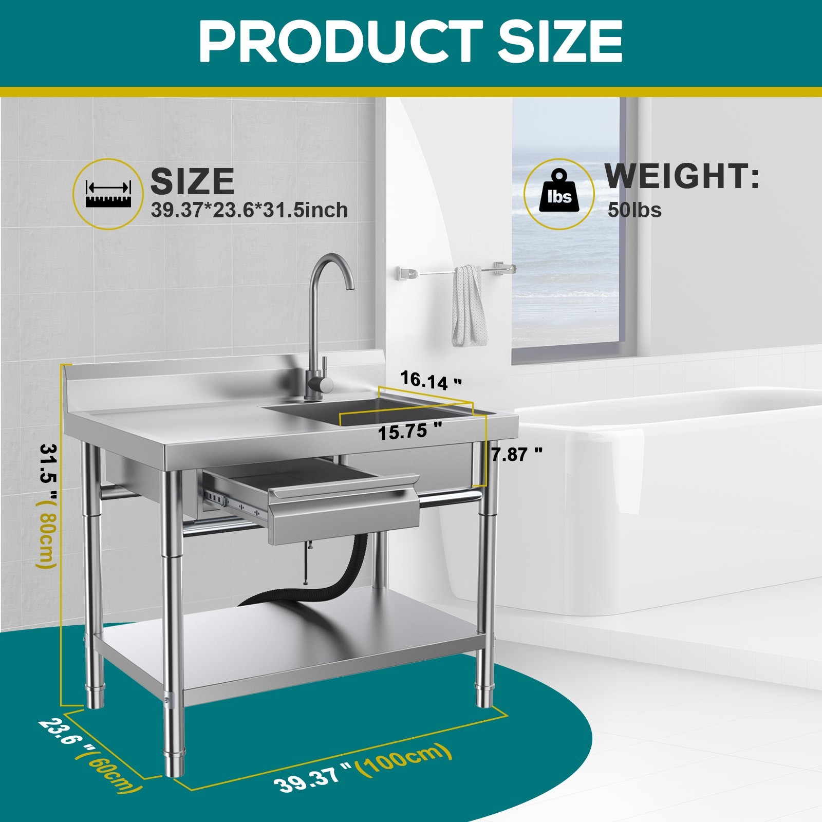 All-In-One Stainless Steel Freestanding Sink with Drawers for Laundry Room Use..