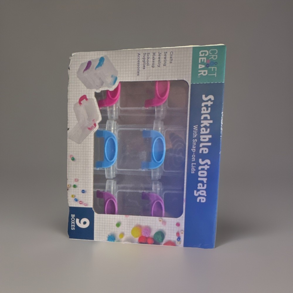 Craft Gear Stackable Storage 9 Plastic Boxes Snap-on Lids Clear Blue Pink Purple