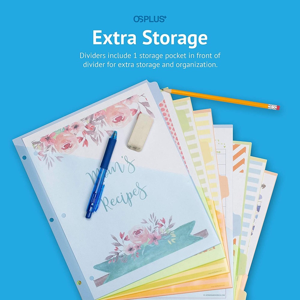 OS Plus 8-Tab 3 Ring Durable Colored Plastic w/Write & Erase Tab Binder Dividers