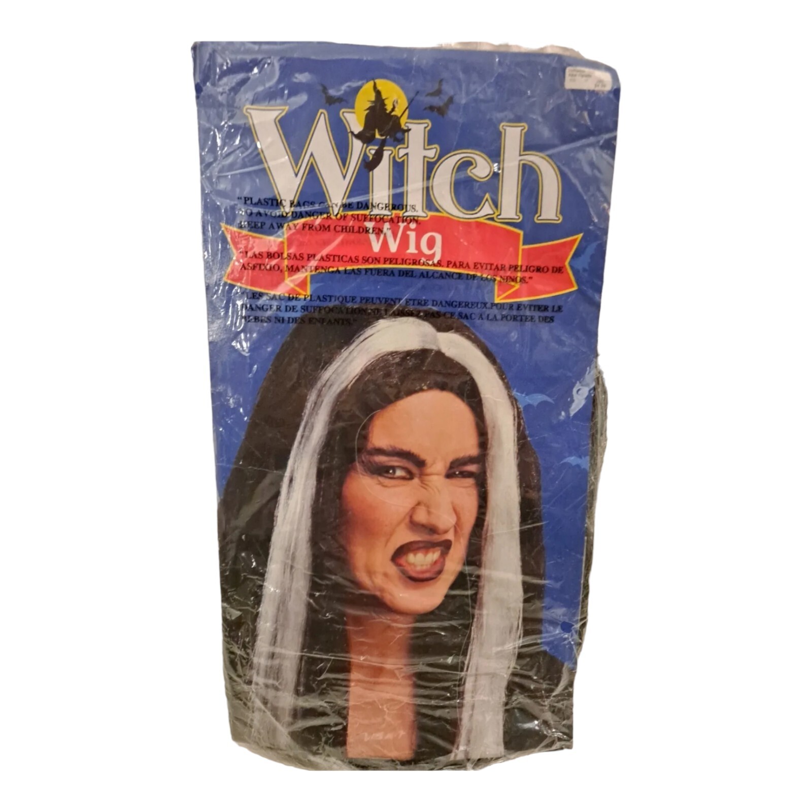 Witch Wig Halloween Long Black Straight Hair White Strip Open Package