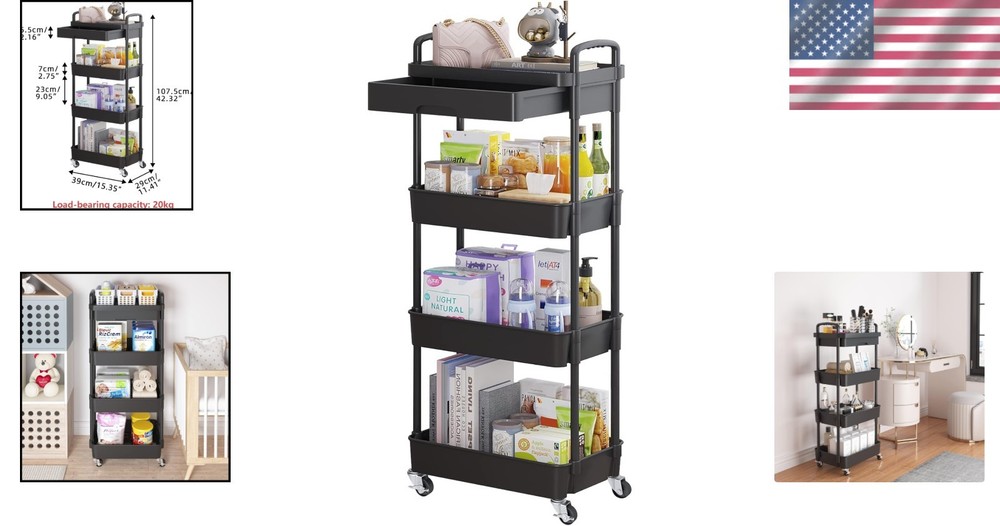 Adjustable 4-Tier Rolling Cart - Effortless Storage Solution with Chic Design
