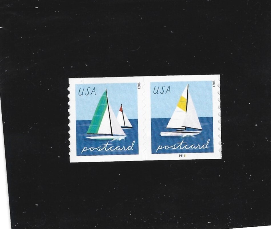 Scott 5749 - 5750  US  Sailboats Blue Left  Postcard  2 Coil Stamps M/NH O/G