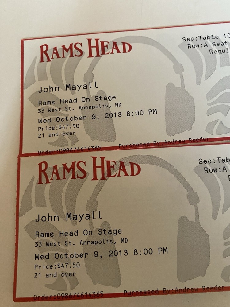 Concert Ticket Stubs John Mayall 2013 Concert Ticket Stubs MD Rams Head