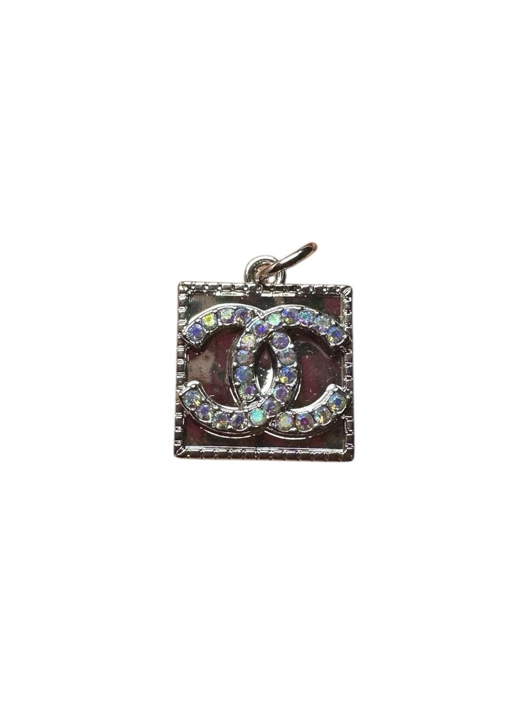 Chanel Silver Square Zipper Pull Charm with Iridescent Stone Logo