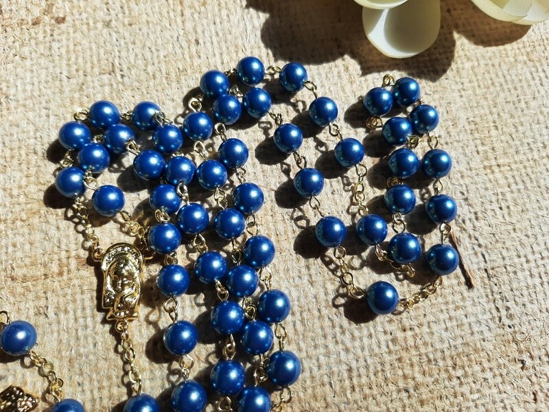 Paris Blue Glass Pearl and Crystal Rosary in Gold