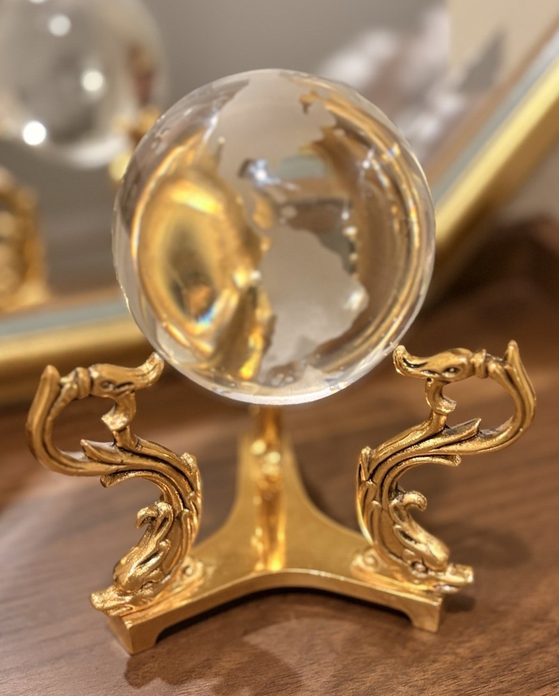 Vintage Solid Brass Dolphin Stand Crystal World Globe Etched Desk Decor