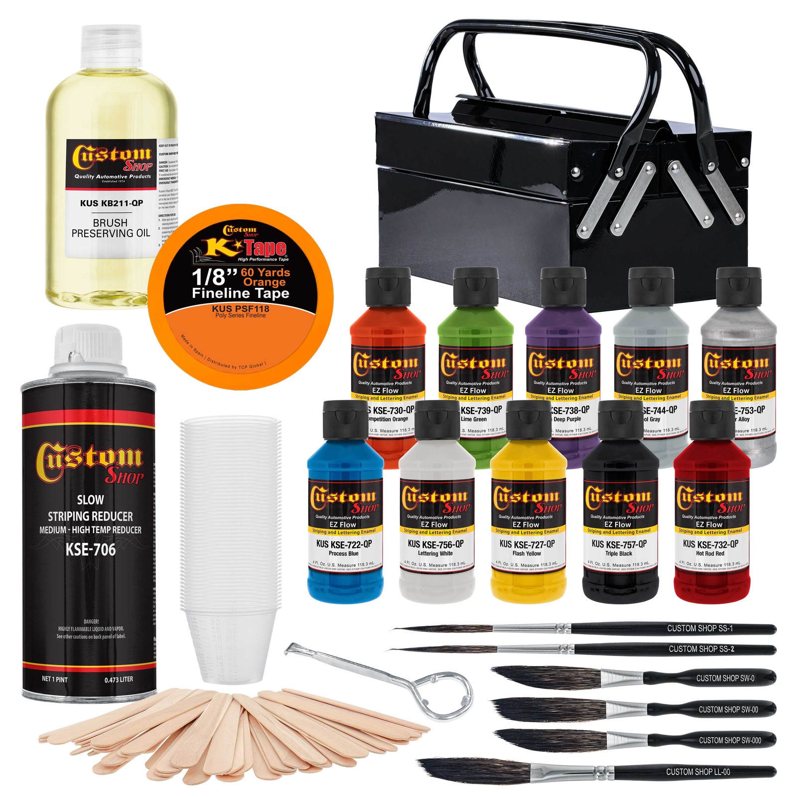 Pinstriping Color Box Kit 10 Colors, Reducer, Brushes & Mixing Equipment