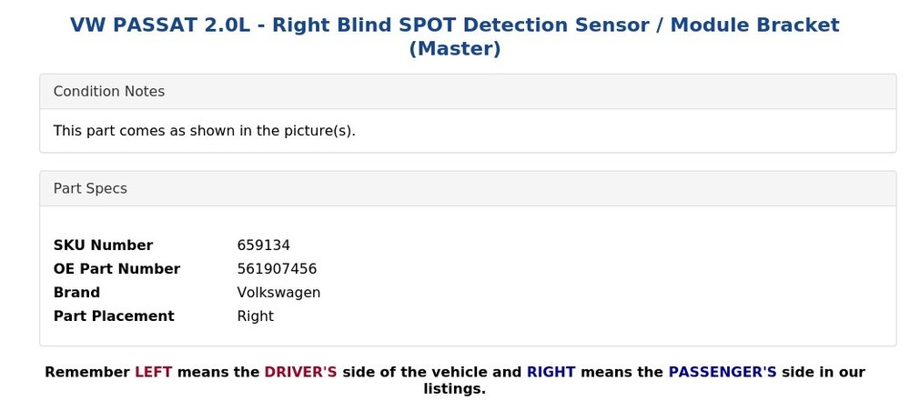 VW PASSAT 2.0L - Right Blind SPOT Detection Sensor / Module Bracket (Master)