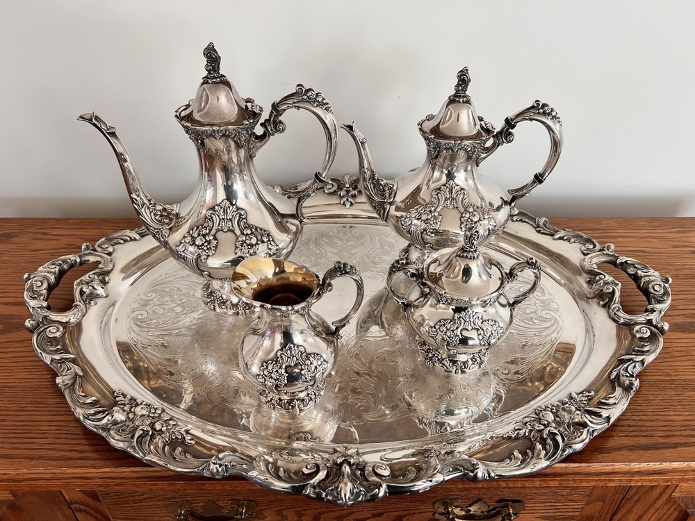 Reed & Barton KING FRANCIS Silverplate Coffee/Tea Pot Set & 30” Serving Tray