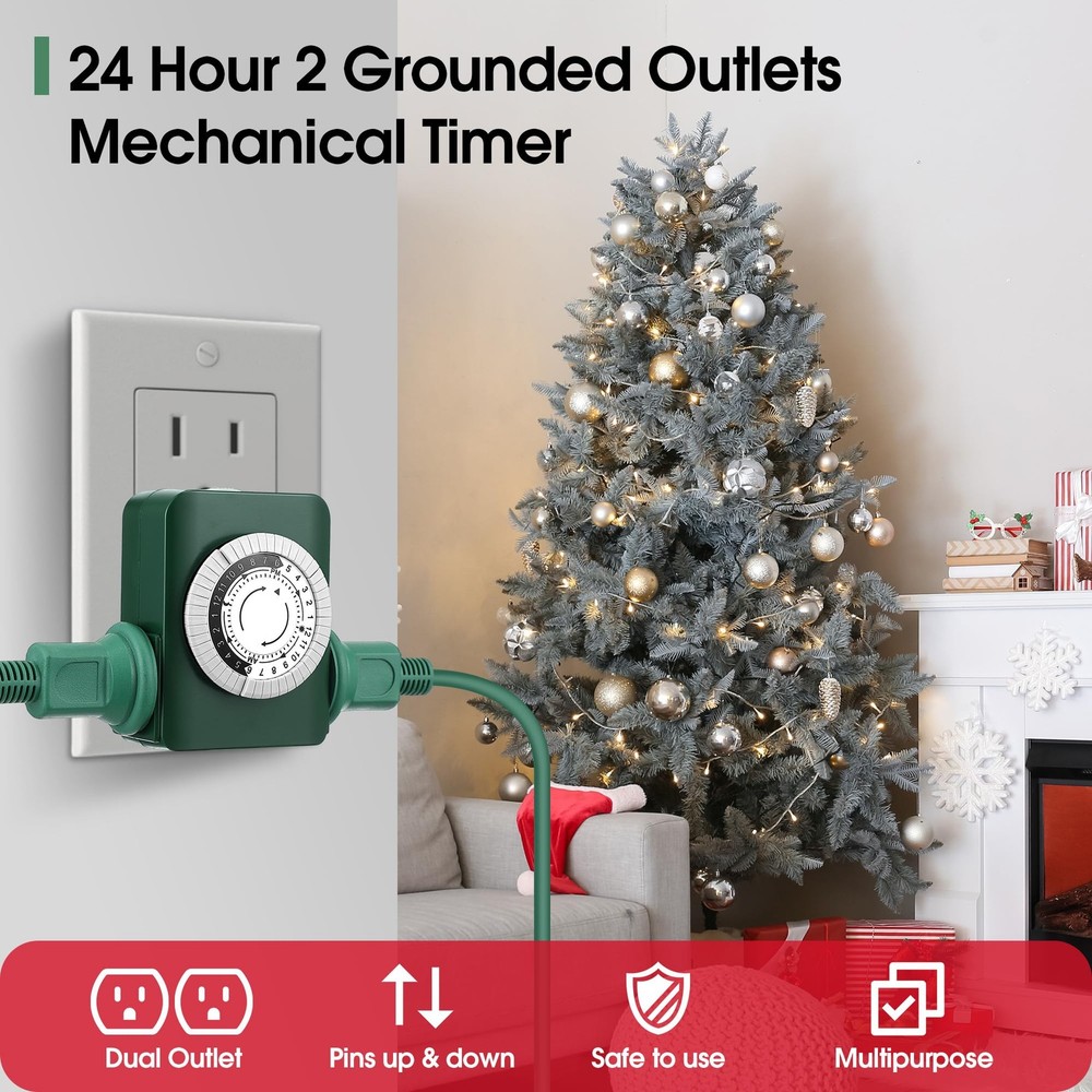 Dunkive 24 Hour 2 Grounded Outlets Mechanical Outlet Timer for Green