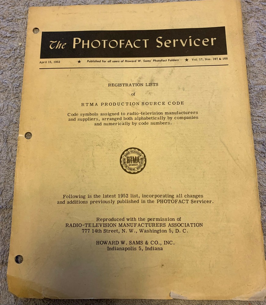The Photofact Servicer,Sams Registration List RTMA Production Source Code 1952