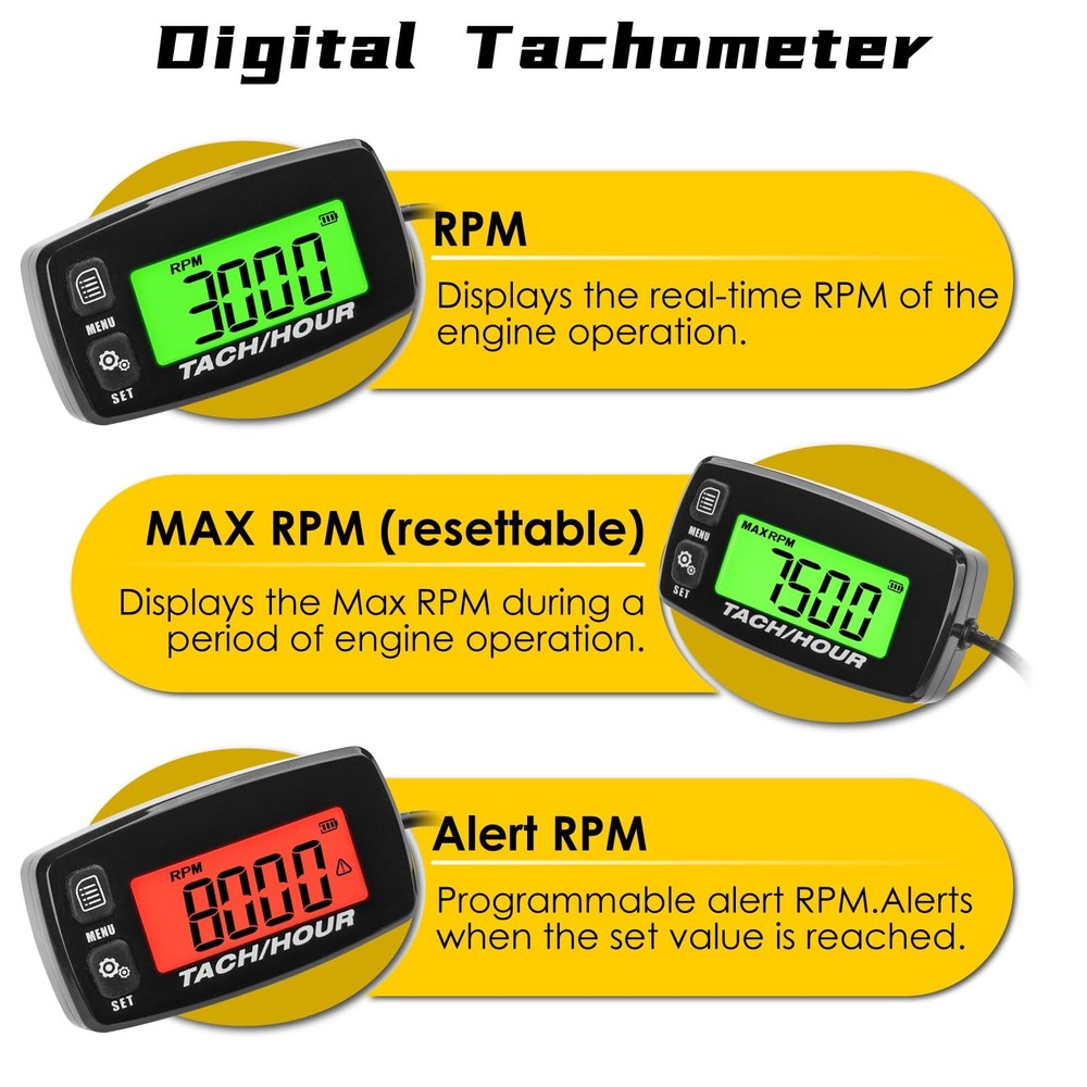 Self-Powered Tacho/Hour Meter,Built-in Replaceable Battery,Ajustable Backligh...