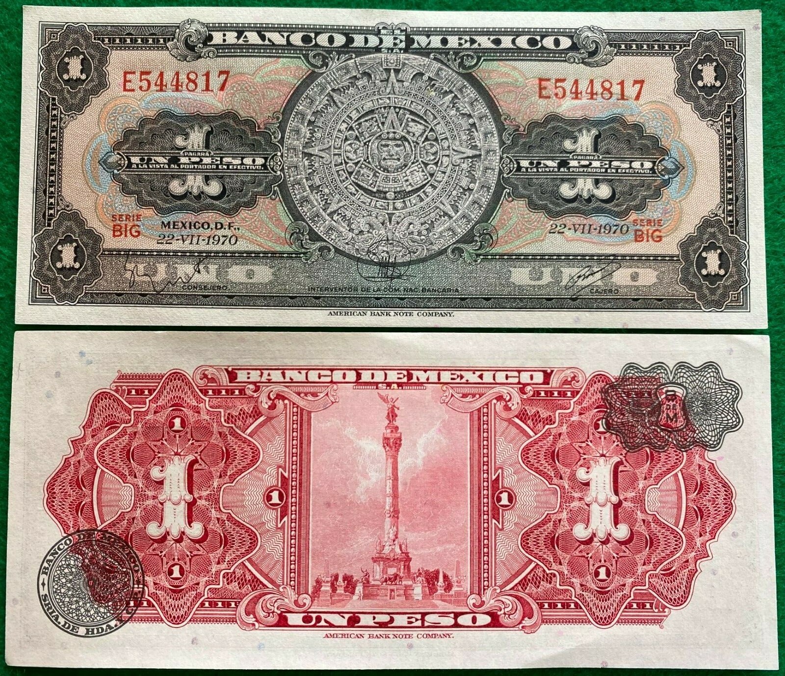 1970 Mexico Banknote 1 Peso UNC CRISP Paper Money Aztec SERIE BIG Prefix E