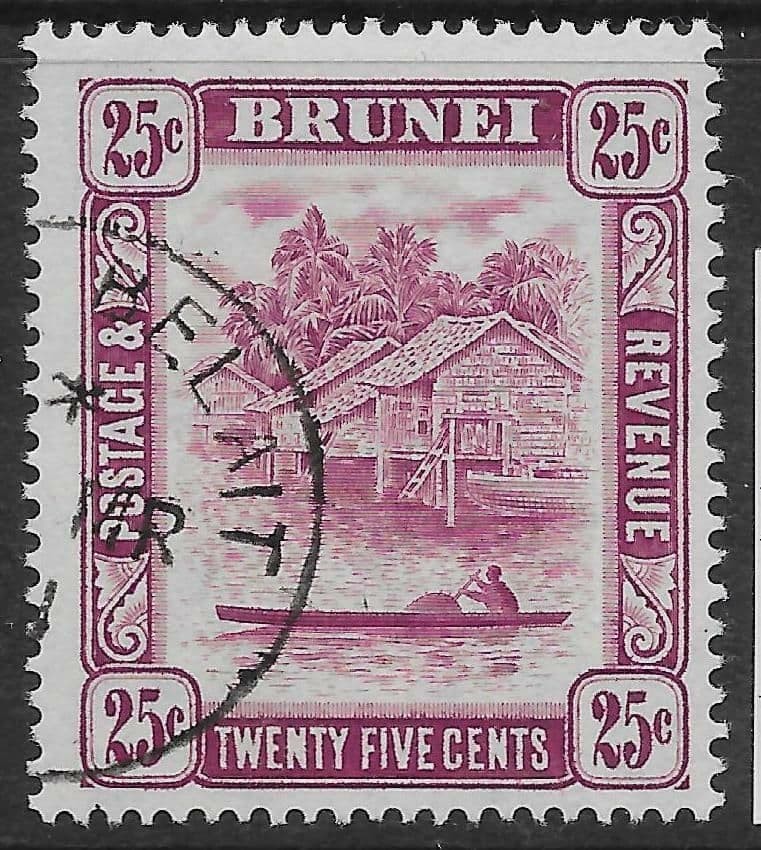BRUNEI SG87b 1950 25c DEEP CLARET p14x13 USED