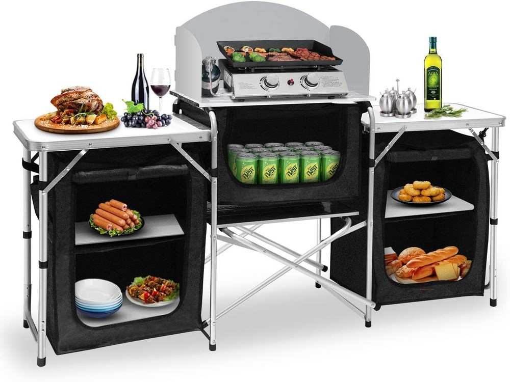 Seeutek Foldable Camp Kitchen Table with Storage Black
