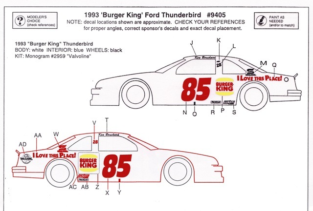 #85 Ken Bouchard Burger King FORD 1/64th HO Scale Nascar Waterslide Decals