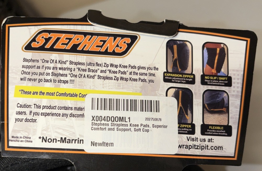 Stephens Strapless Knee Pads for Construction - Heavy Duty Soft Cap Design