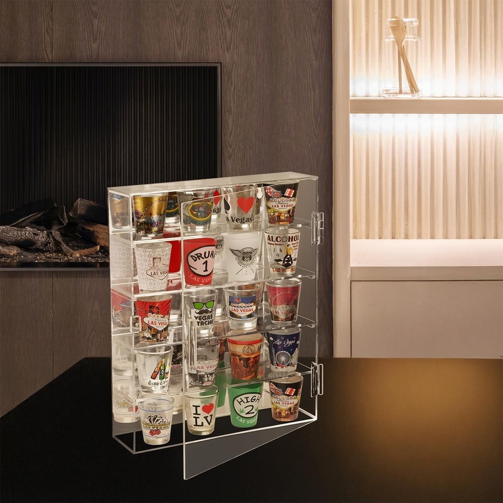 Mirror Back Acrylic Wall Mountable Display Case with 4 Shelves for Figures a...
