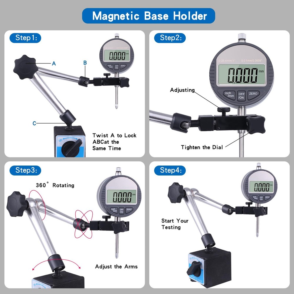 Electronic Digital Dial Indicator with Magnetic Base Holder Fine Adjustable L...