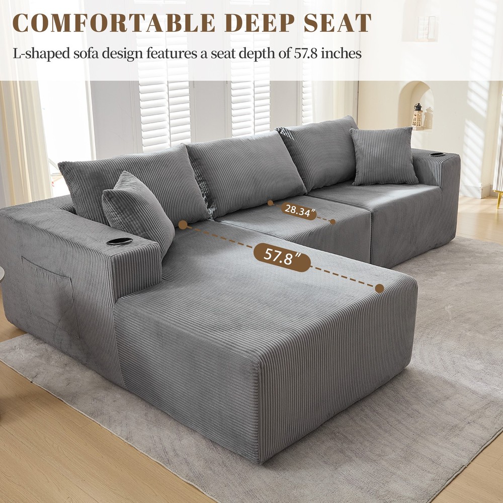 L Shaped Corduroy Sofa Cloud Couch Compression Boneless Sofas w/ 5 Throw Pillows