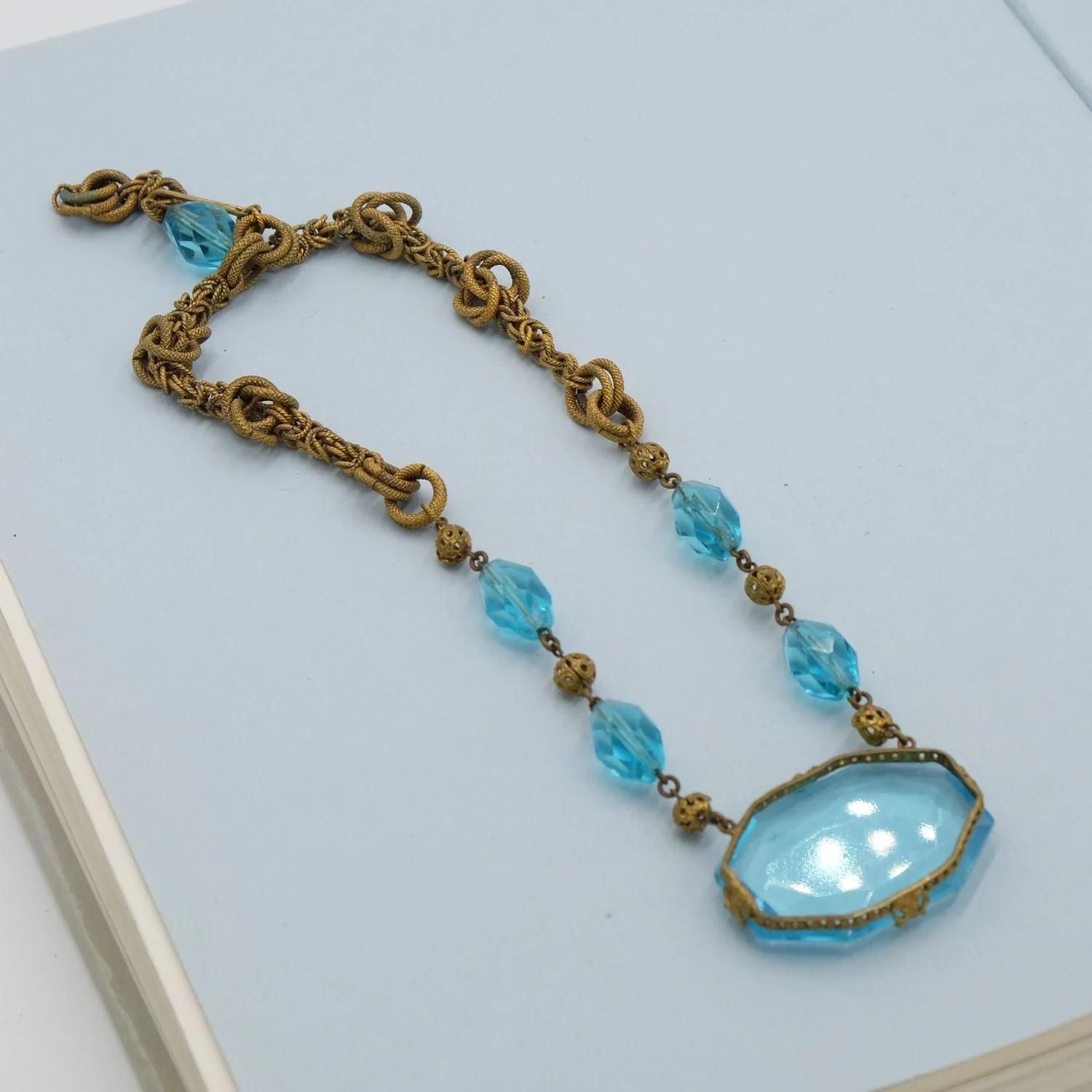 Antique Blue Czech Large Glass Pendant Necklace 1920s