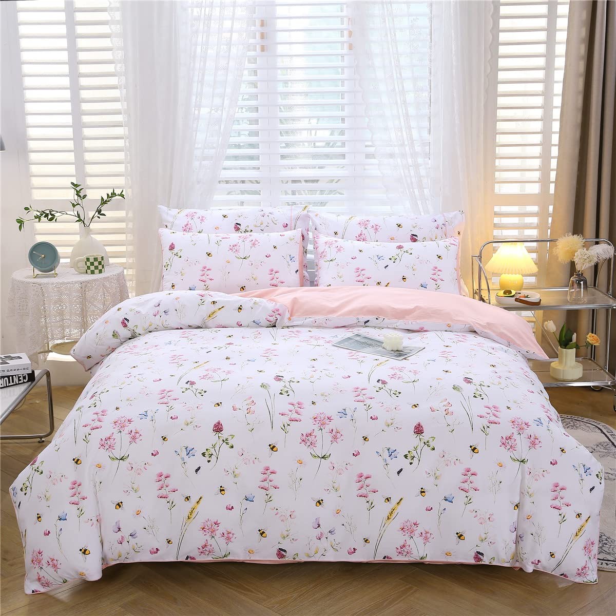 Pink Floral Duvet Cover Set Queen Size 100% Cotton 3 Piece Romantic Garden Fl...