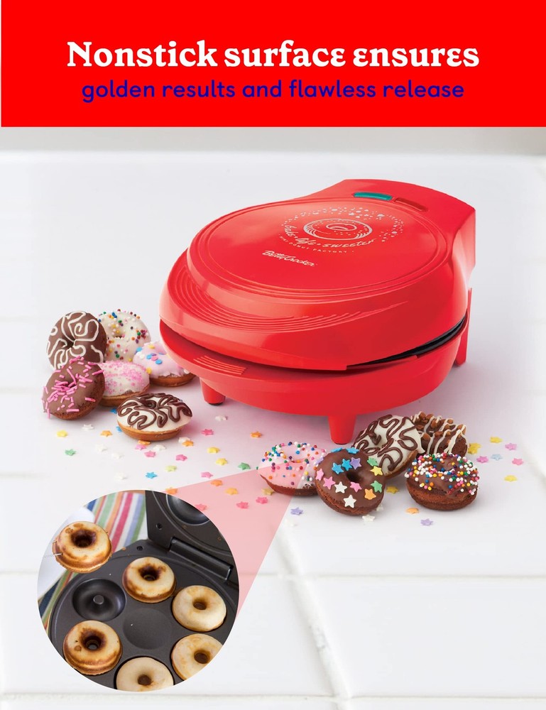 BETTY CROCKER Donut Maker, Mini Maker with Nonstick Surface, Mini, Red