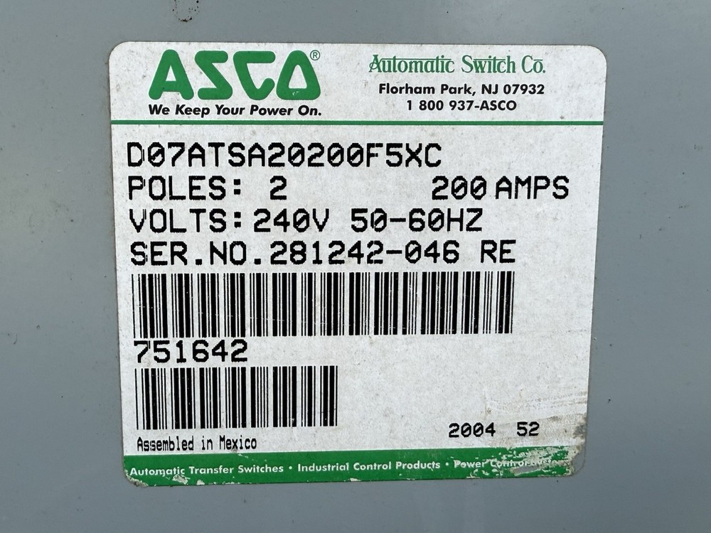 ASCO 240 Volt 200 Amp Single Phase 2 Pole Automatic Transfer Switch 7000 Series