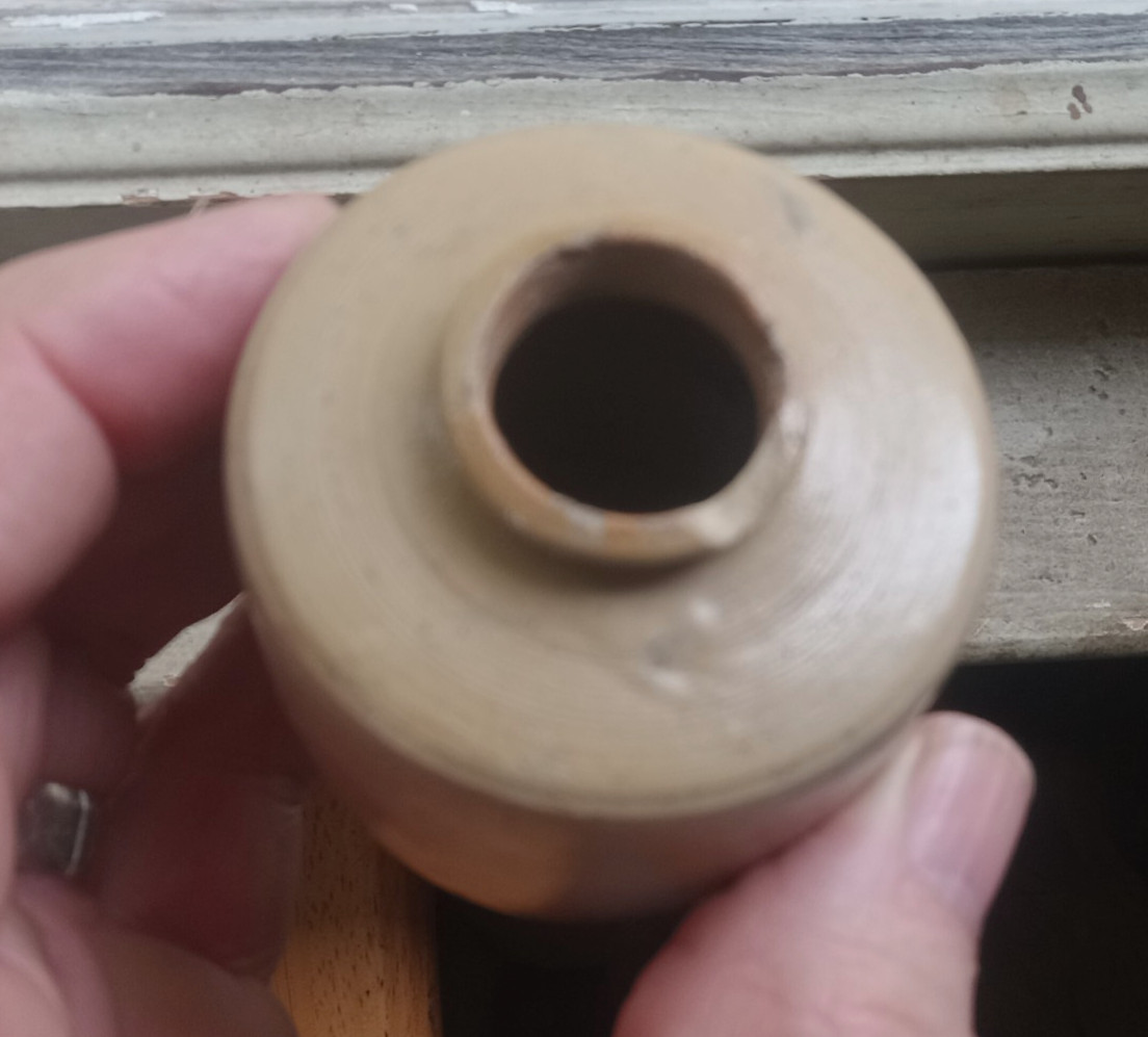 1850s HAND THROWN GLAZED STONEWARE INK BOTTLE DUG IN 1850s OUTHOUSE