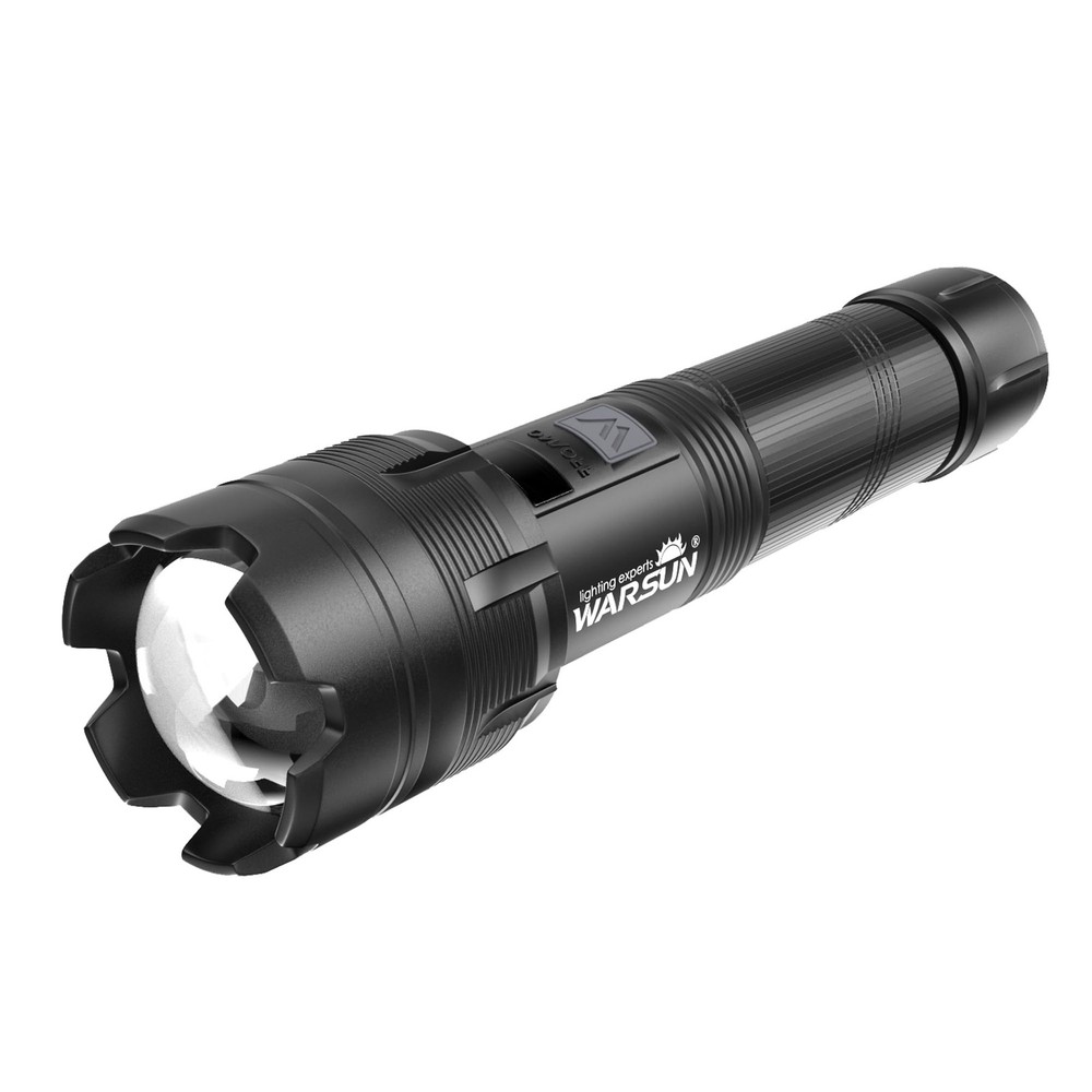 WARSUN Multi-Function Zoom Flashlight - Aluminum, Long Range Beam, Black