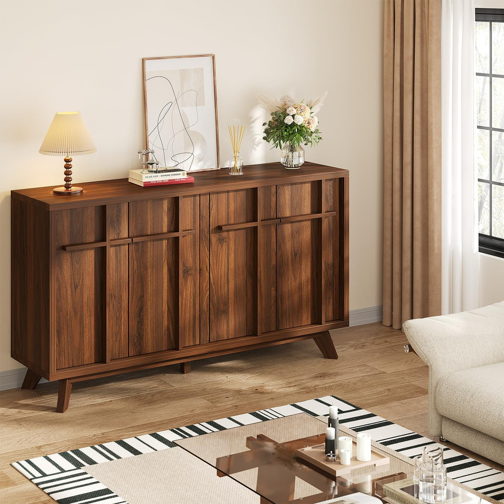 Modern Walnut Sideboard Buffet Cabinet with Adjustable Shelves & Storage