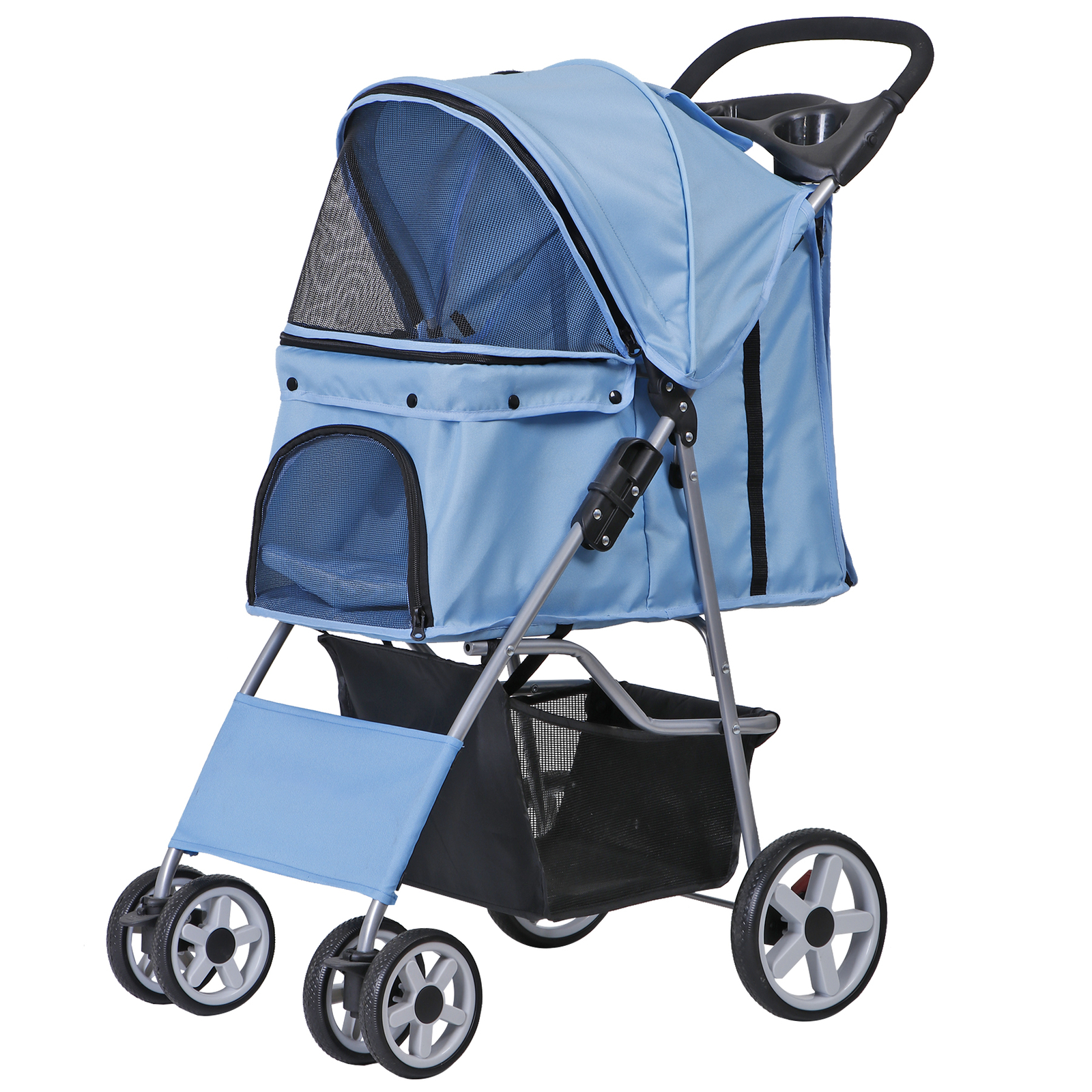 Dog Cat Stroller Travel Cart for Small Medium Pets Foldable with Cup Holder Blue