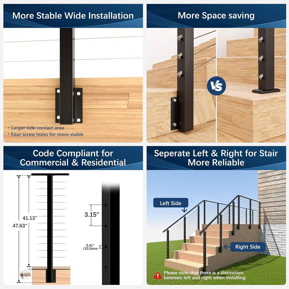 2Pack Side Mount Cable Railing Post Kits with 105Ft Cable & Tensioners