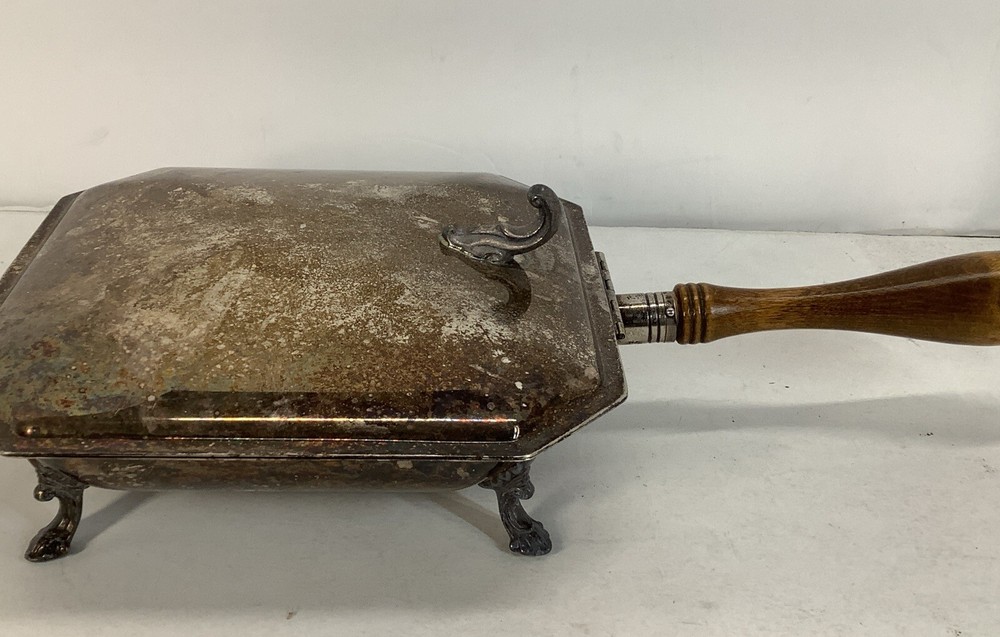 Vintage Silver Plated Bed Warmer F. B. Rogers #386 Wood Handle Ornate Feet 1883