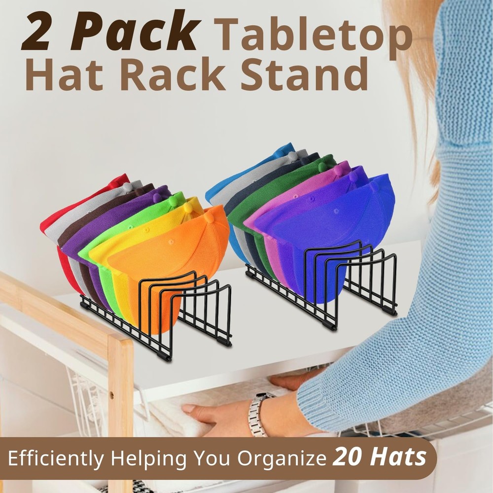 Baseball Cap Holder Stand, 2 Pack, Tabletop Display Rack For 20 Hats, Black