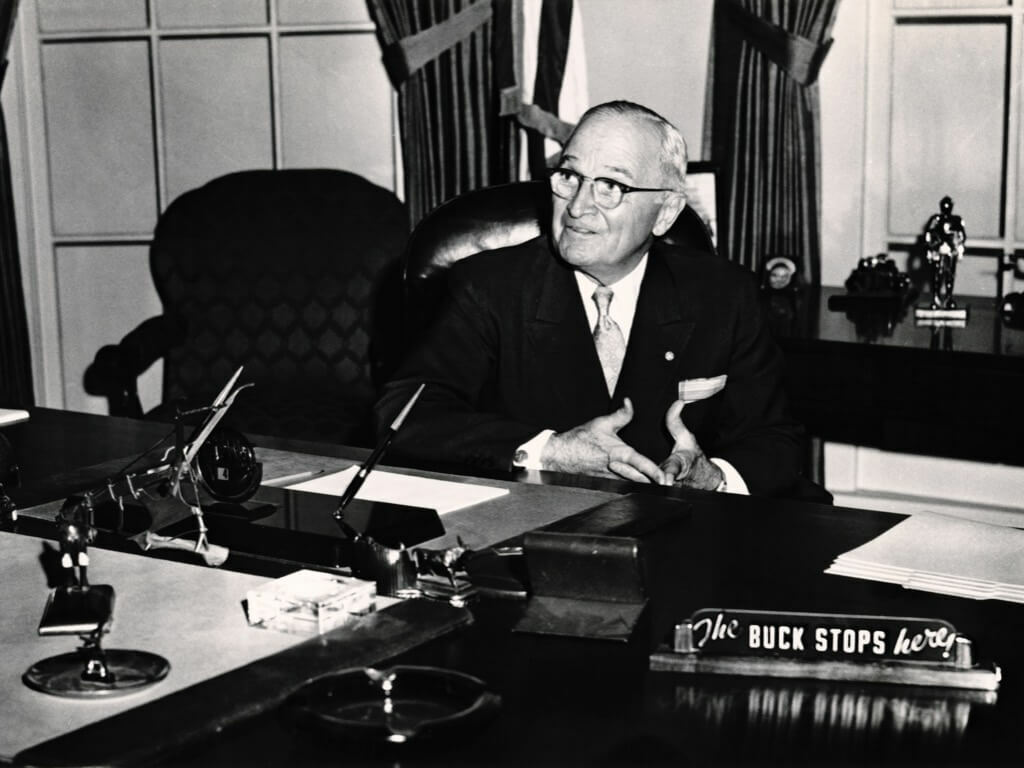 Copy of President Harry Truman's desk plaque "The Buck Stops Here" OFF-0101-IFM
