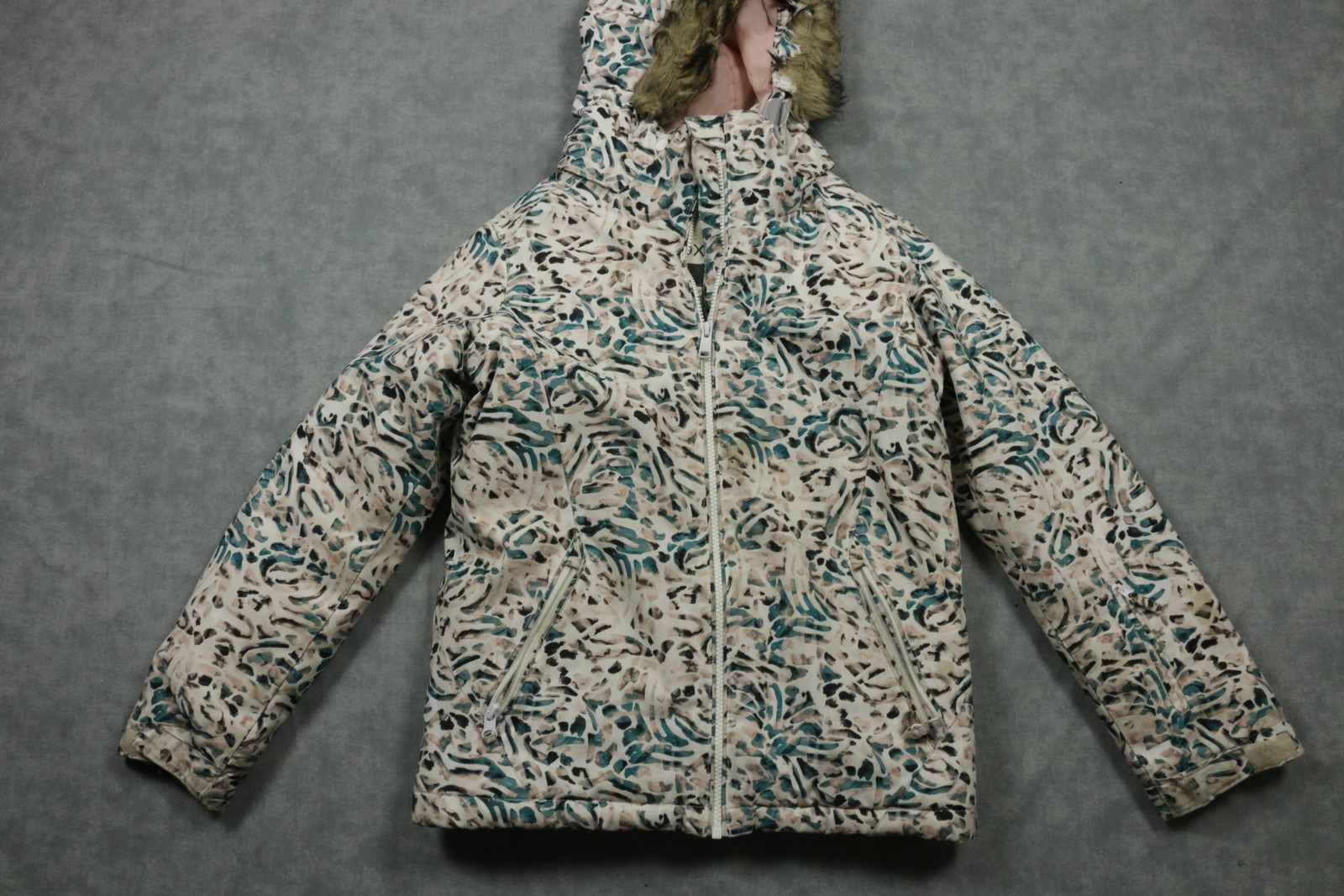 Roxy Ski Jacket Girls 12 Beige Animal Print DryFlight 10K Hooded Winter Coat