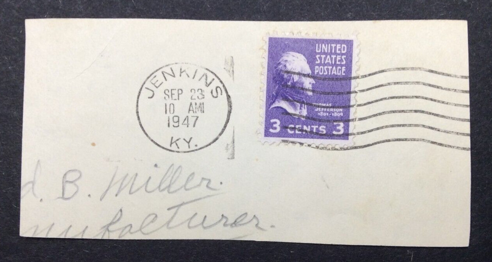 U.S. Postage Stamp Envelope Cut Postmark - Jenkins, KY.