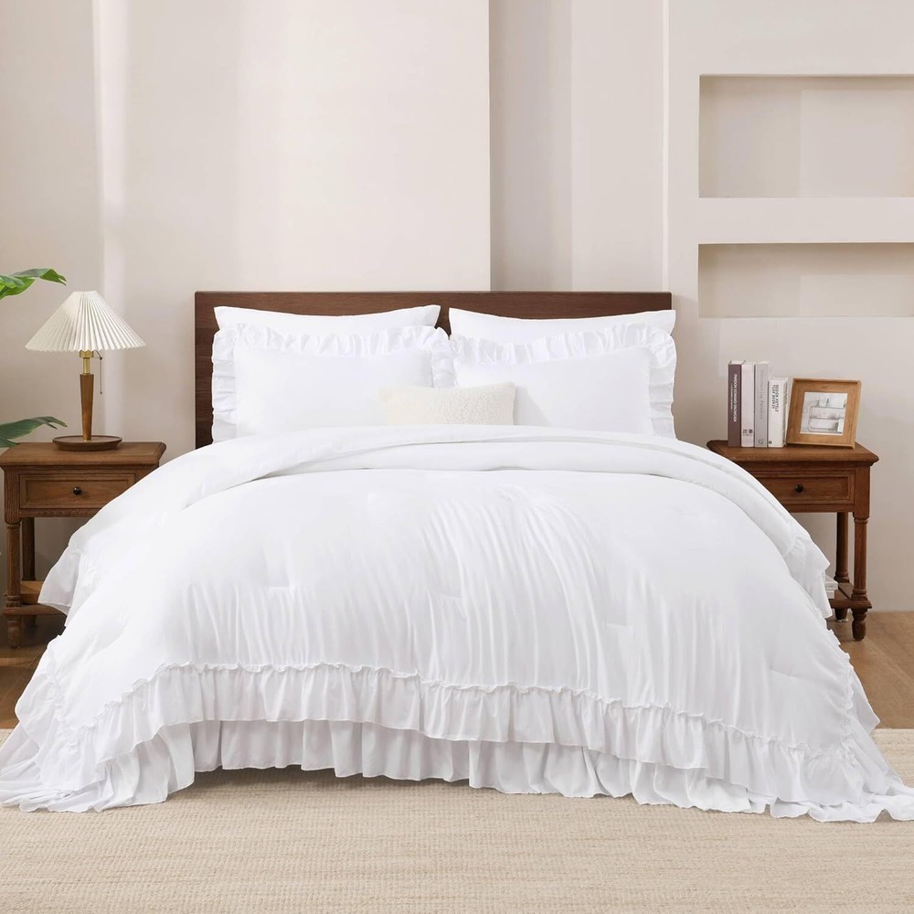 White Ruffle Comforter Full Set, 3 Piece Simple Bedding Comforter Set