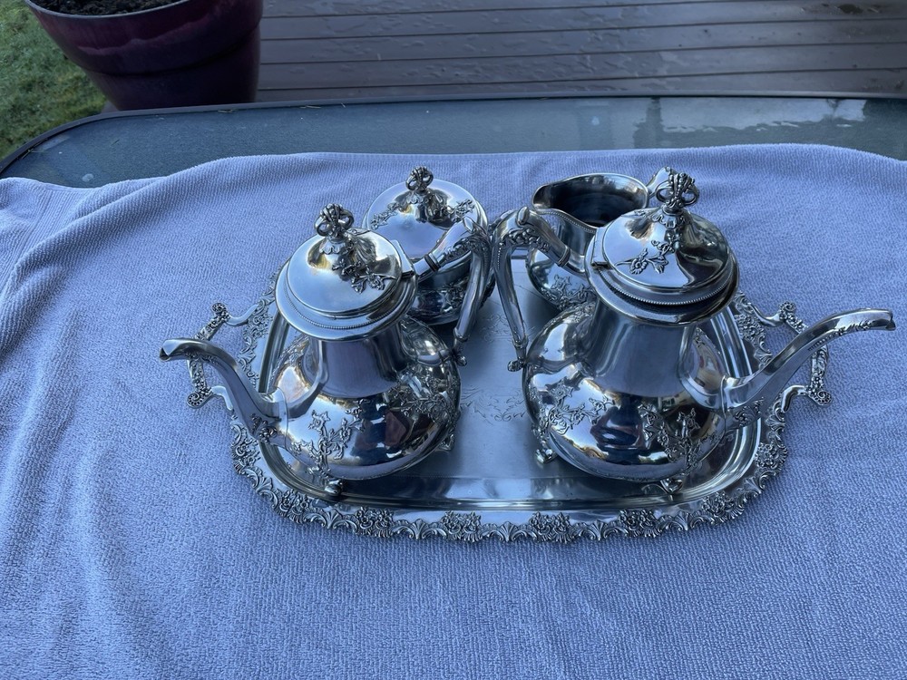 Vintage Reed & Barton Silverplate Tea Coffee Service Set 5 Piece With Platter