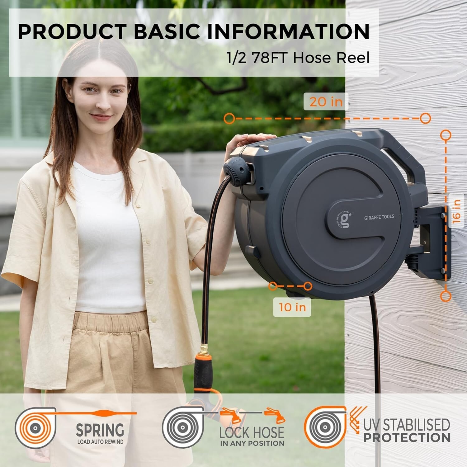 Giraffe Tools Retractable Garden Hose Reel Wall Mounted 1/2-IN 78-FT Water Hose